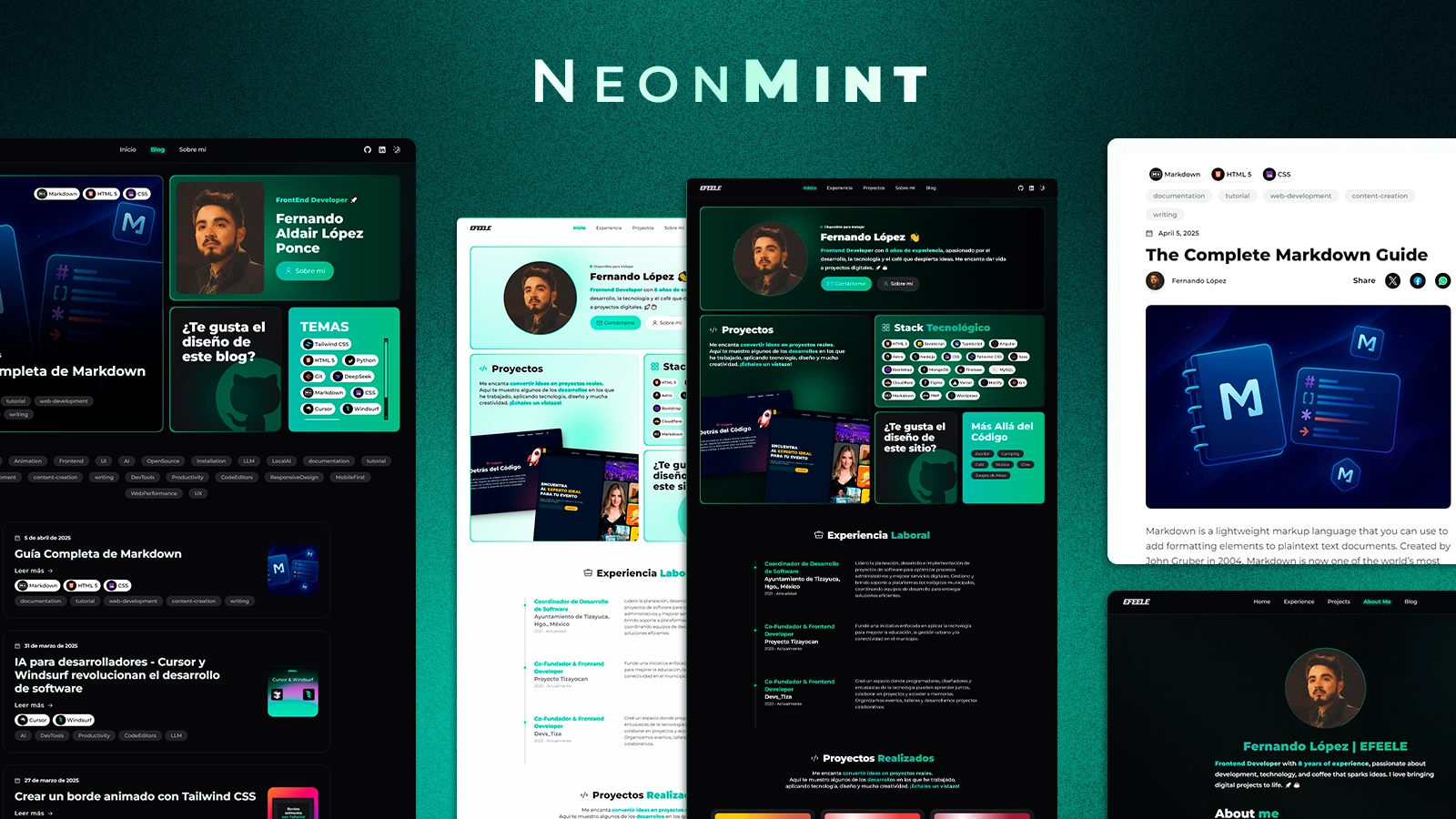 Screenshot of NeonMint, a modern and minimalist web template built with Astro and TailwindCSS. It displays various sections such as blog, portfolio, work experience, and Markdown guide, in both light and dark modes with mint green accents.